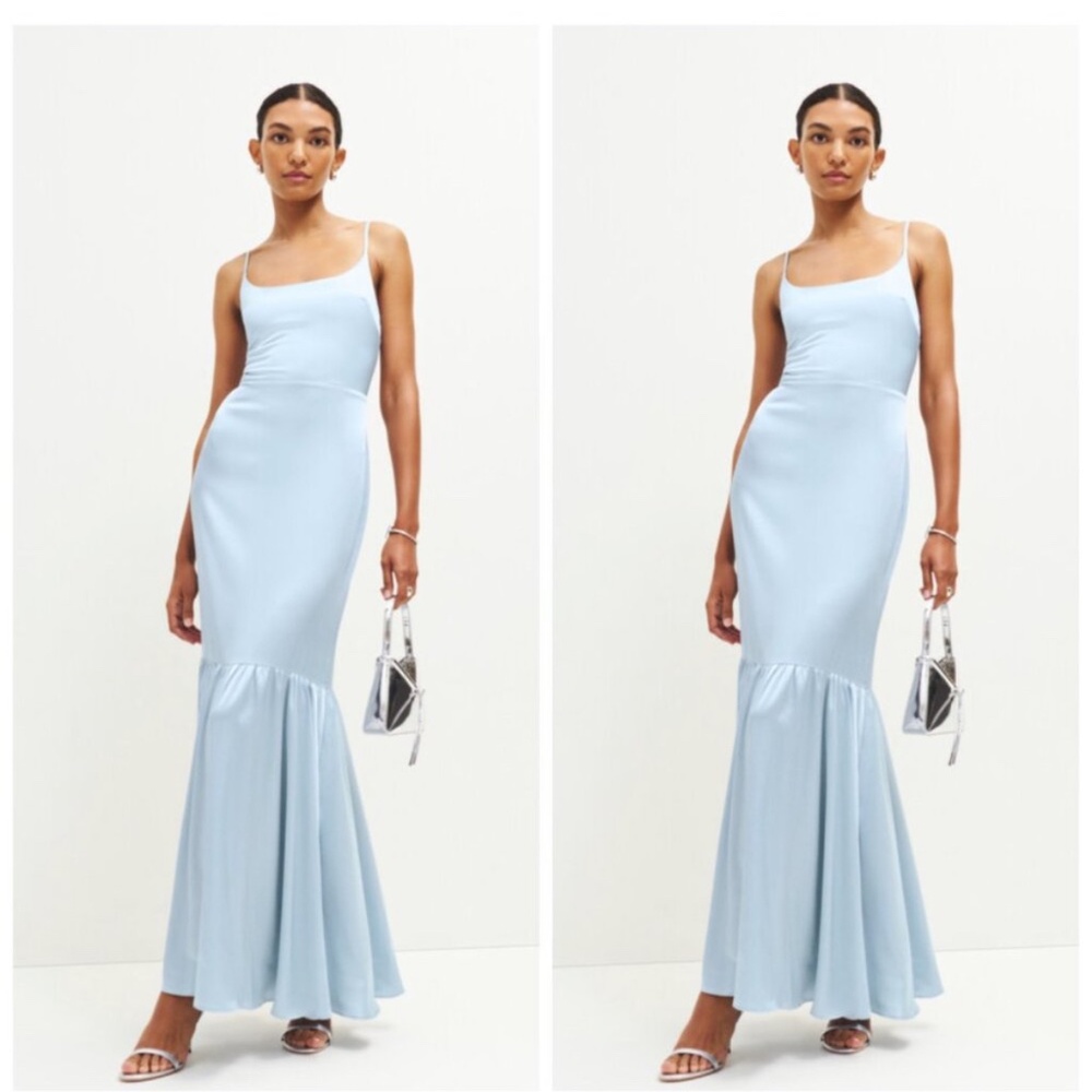 Reformation Nasha Mineral Blue Satin Maxi Dress Peplum Size 6 - with tags